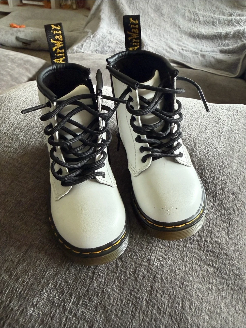 Dr. Martens White Leather Lace-Up Combat Boots with Black Laces